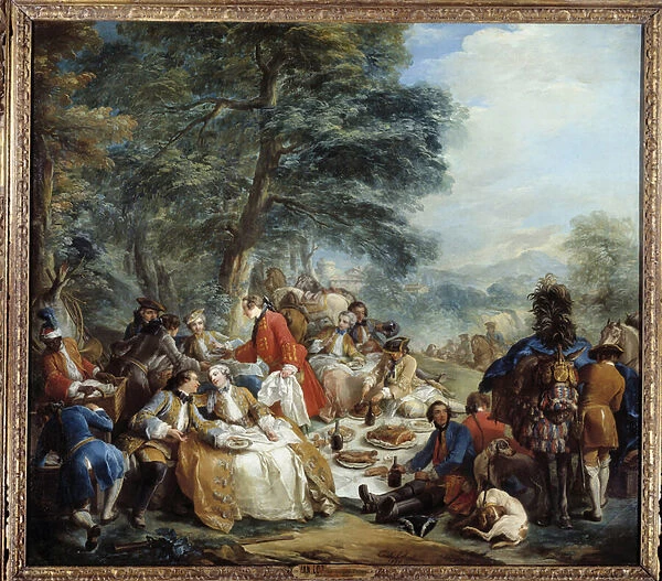 Hunting stop A picnic of nobles during a hunting game. Painting by Charles Andre Van Loo