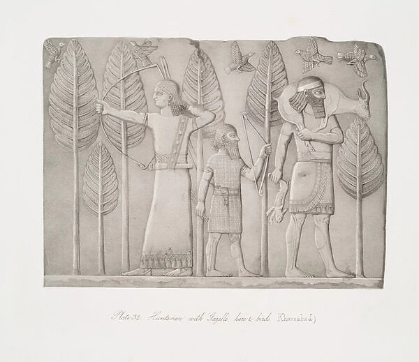 Huntsmen with gazelle, hare and birds (Khorsabad), 1853 (lithograph)
