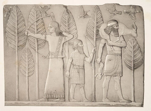 Huntsmen with Gazelle, hare & birds (Khorsabad), from Monuments of Nineveh, pub