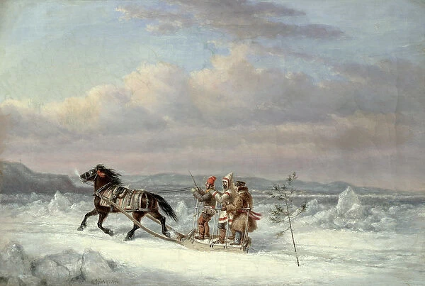 Huntsmen in Horsedrawn Sleigh (oil on canvas)