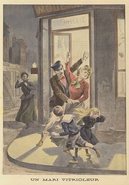 A husband attacking his wife and children with vitriol (colour litho)