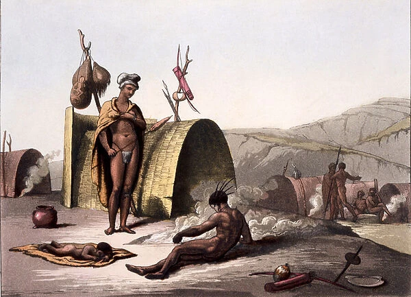 Huts and way of camp life of the Bushmen, from Costumi dei