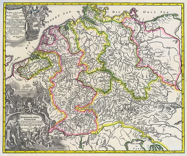 Hydrographic map of Germany, circa 1720 (engraving)