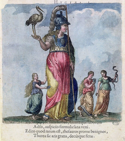 Hygieia, from a collection of portraits of physicians by the Hungarian doctor, Sambucus, 1574 (coloured engraving)