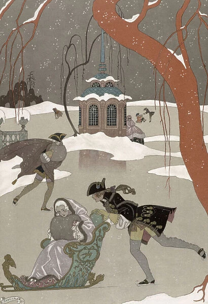 Ice Skating on the Frozen Lake, illustration for Fetes Galantes by Paul Verlaine (1844-96) published 1928 (pochoir print)