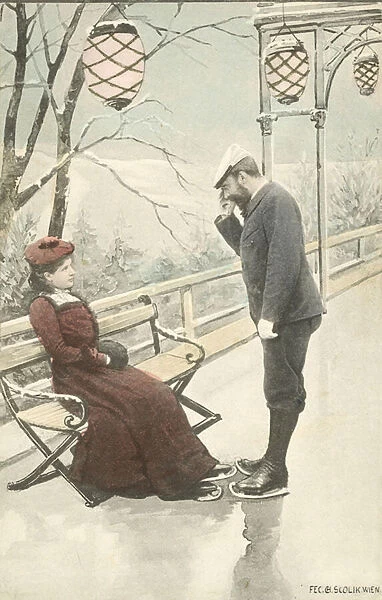 Ice skating, Man talking to Woman (colour photo)