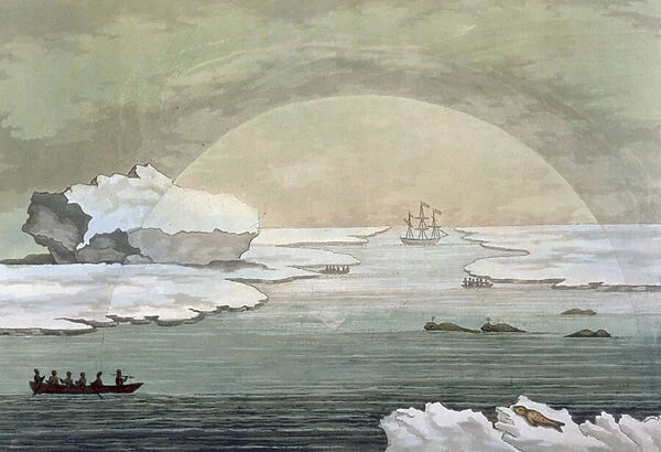 An iced-in British whaleboat is liberated by the suns rays, Baffin Bay, July 1817