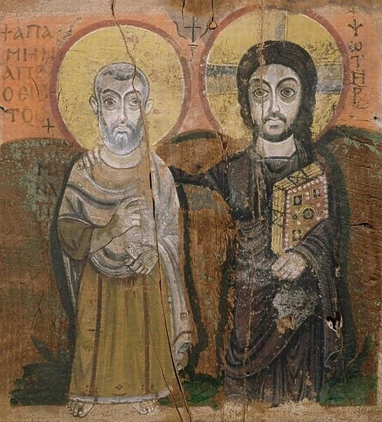 Icon depicting Abbott Mena with Christ, from Baouit, 6th-7th century (tempera on panel)
