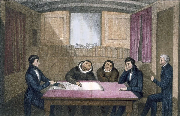 Ikmalick and Apelagliu drawing in the officers quarters, 1835 (colour litho)