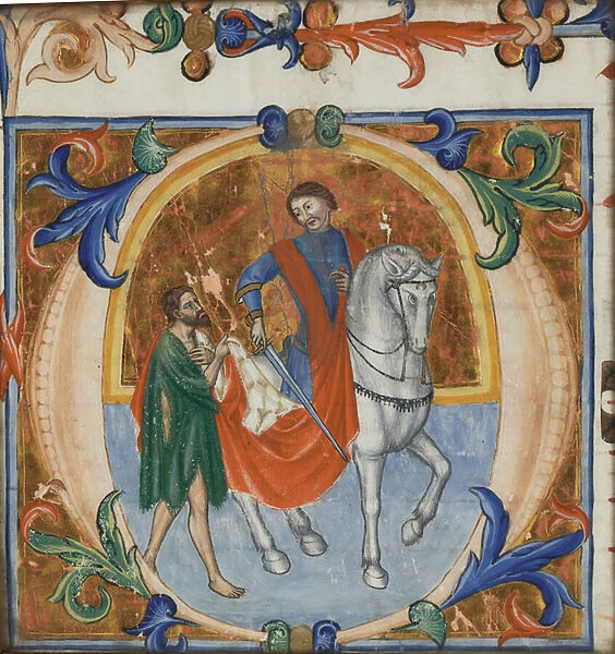 An illuminated miniature of St. Martin dividing his cloak (from a grand choral book), 14th century (Watercolour)