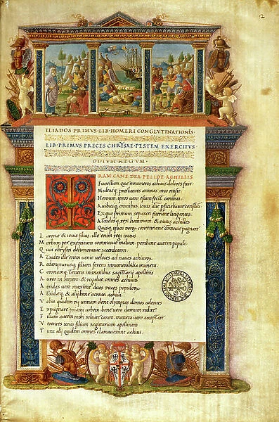 Illuminated page from a version of the first book of ' L'iliad ' by the Greek poet Homere (late 8th century), 1477. Biblioteca Vaticana. rome