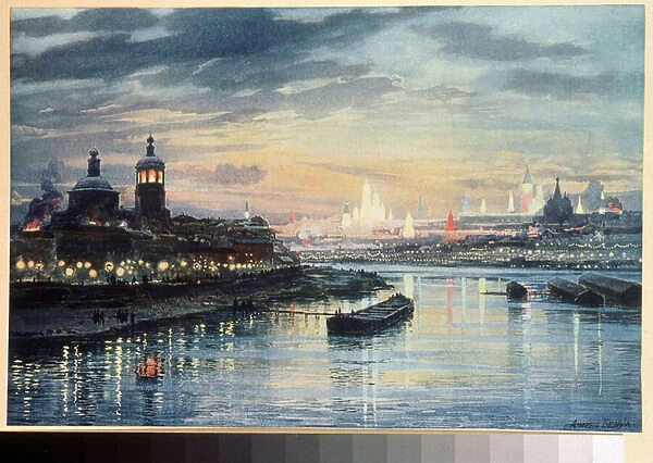 Illuminations a Moscou (Illumination in Moscow). Dessin de Albert Nikolayevich Benois (1852-1936). Lithographie en couleurs, art russe du 19e siecle. Russian State Library, Moscou