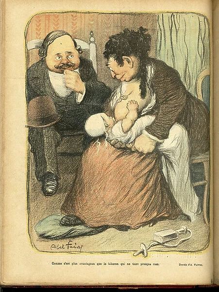 Illustration by Abel Faivre (1867-1945) in Le Rire, 1900-3-17 - Maternity, Nursing