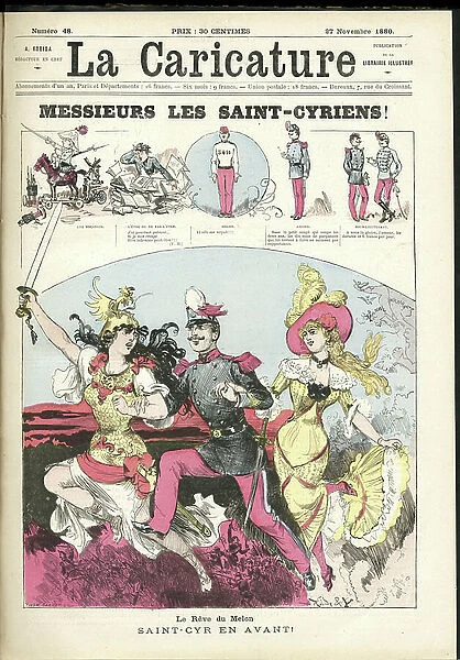 Illustration of Albert Robida (1848-1926) for the Cover of La Caricature (1880), 1880-11-27 - Gentlemen Saint-Cyrians - Armee, Saint-Cyr