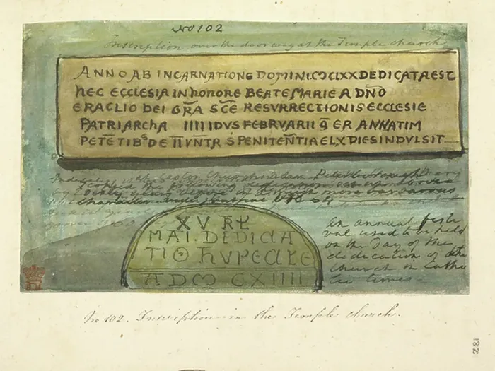 Framed Print : Illustration of different languages and scripts. Journal of a Vicar from Oxfordshire travelling to London. The Temple church. Inscriptions on plaques in Latin and English. 1826