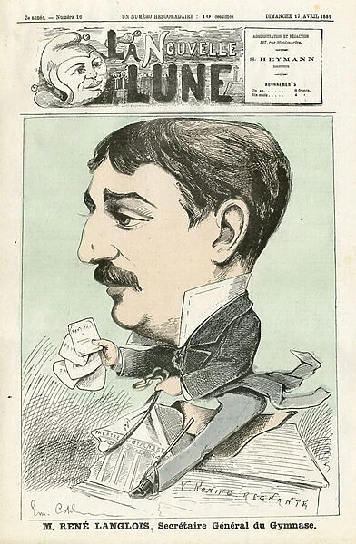 Illustration of Emile Courtet dit Cohl (1857-1938) for the Cover of La Nouvelle Lune, 1881-4-17 - Rene Langlois, secretary general of the Gymnasium - Theatre - Actor, actress Comedian, Langlois Rene
