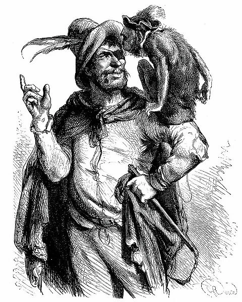 Illustration by George Roux (1853-1929) for the Don Quixote of Cervantes: Master Peter and his monkey - the monkey in the literature