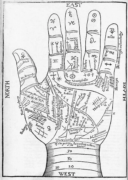 Illustration of a Hand with Chiromantic Lines and Details from Saunders Physiognomie, pub