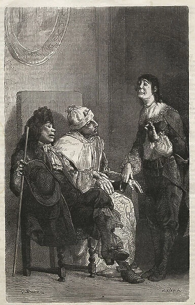 Illustration for 'Le Malade Imaginaire' play wirtten by Moliere, 19th century (engraving)