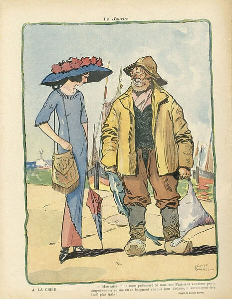Illustration of Leonce Burret (1865-1915) in Le Smile, no 28, 10  /  07  /  13 - A la criee - Paris, Province, Fashion, Maritime Marine Nautique Balneaire, Hat, Fishing Pecher Pecheur - Fish, Fishers