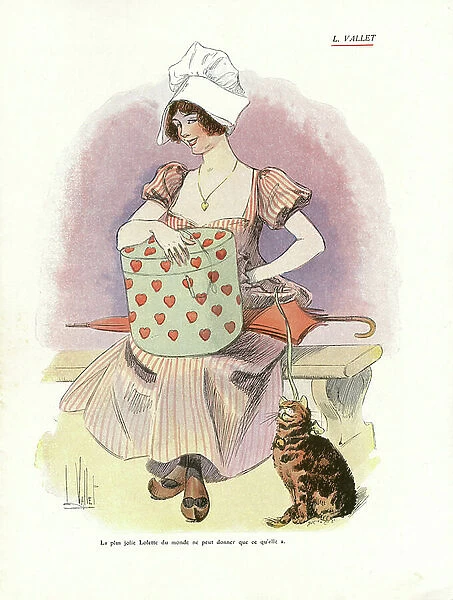 Illustration of Louis Vallet (1856-1940) in Le Rire, no. 481, 1912-4 - The prettiest Lorette... - Love - Cat