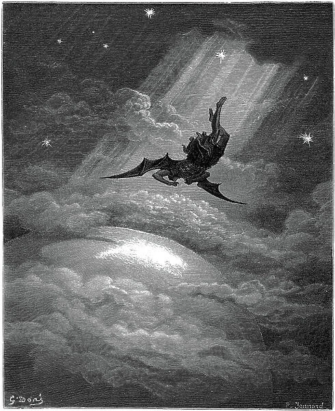 Illustration for Miltons Paradise Lost: The fall of the angel Lucifer 1876 (engraving)
