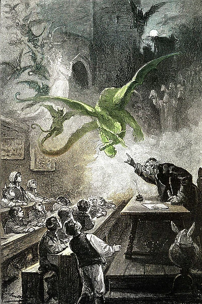 Illustration of the novel by Jules Verne ' Le chateau des Carpathes', edition Hetzel / Voyages extraordinaire 1892, drawing by Leon Benett. The magister Hermod evokes the castle with dragons, fees, demons, spectra, revenants