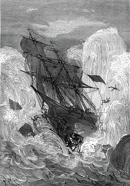 Illustration of the novel 'The Mysterious Isle' by Jules Verne published in 1874, in the Hetzel / Extraordinary Voyages collection. Drawing by Jules-Descartes Ferat: the Brig Speedy sinks, after an explosion occurred on board