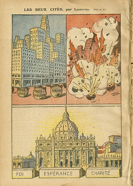 Illustration by Pierre Nicolas Marcel Lecoultre (1867-1942) in Le Pelerin, 19  /  10  /  30 - The two listed - Religion Faith, Atheism, Metallic Architecture, Vatican, Materialism, Catholic Catholicism - Oppposition  /  Association