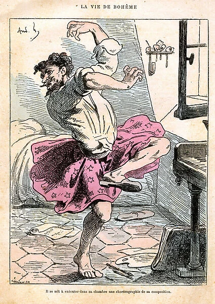 Illustration from Scenes de la vie de boheme by Henri Murger (colour litho)
