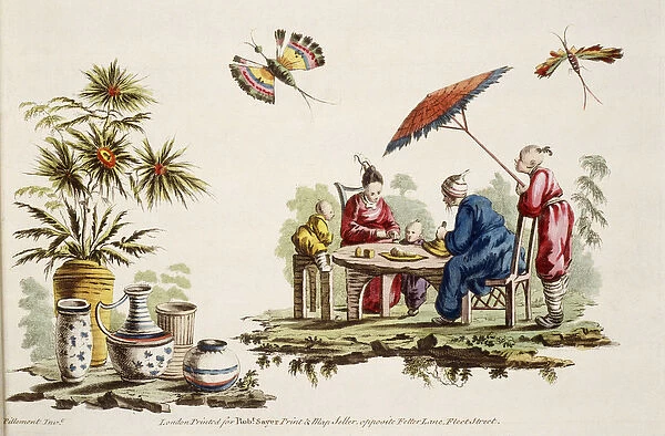 Illustration showing figures wearing Japanese apparel and parasol from For Ladies