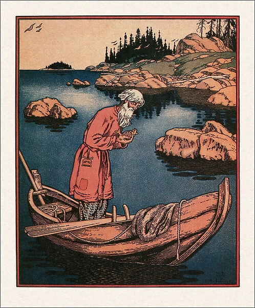 Illustration to the The Tale of the Fisherman and the Fish par Bilibin, Ivan Yakovlevich (1876-1942), 1933 - Colour lithograph - Museum of the Goznak, Moscow