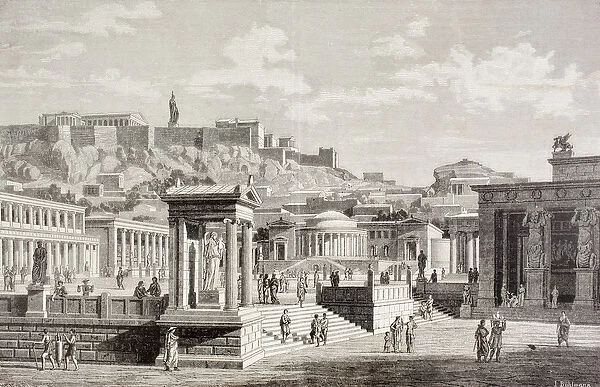 Imaginary view of the market place of Agora in Athens, ancient Greece, from El