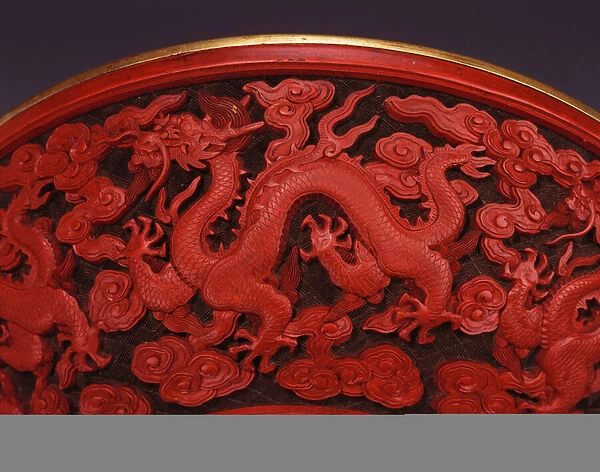 Detail of an Imperial carved polychrome lacquer bowl depicting a horned five clawed