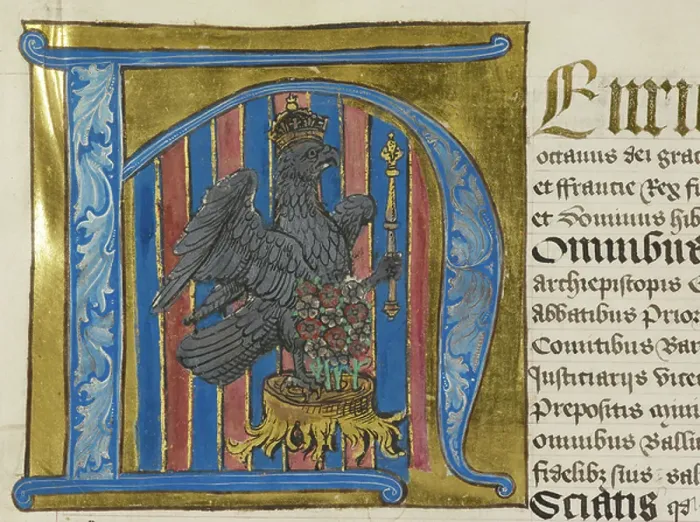 Framed Print : Detail of imperial falcon inside a decorated initial. A patent granted to Anne Boleyn in 1533 Framed Print : Detail of imperial falcon inside a decorated initial. A patent granted to Anne Boleyn in 1533