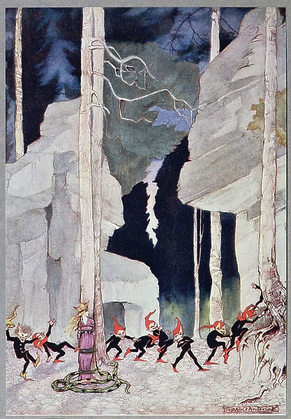Imps dancing around a tree where a princess is held prisoner, My Fairyland by Fiona Malcolm, 1916 (colour litho)