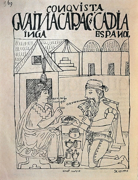 Inca from Cuzco and English conquistador receiving gifts in exchange of Inca emperor