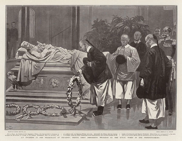 An Incident in the Pilgrimage of Penance; Prince Chun depositing wreaths on the Royal Tombs in the Friedenskirche (litho)