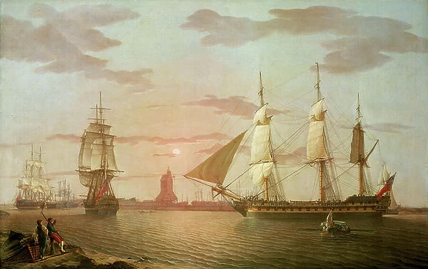 The Indiaman ship 'Warley', one of the most important ships of the British East India Company, described in three positions, off Blackwall (England)