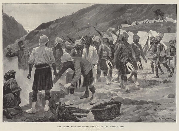 The Indian Frontier Rising, camping in the Khyber Pass (litho)