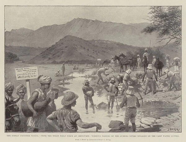 The Indian Frontier Rising, with the Tirah Field Force at Shinowrie, Working Parties of the Gurkha Rifles engaged on the Camp Water Supply (litho)