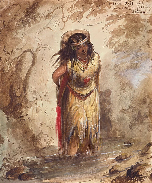 Indian Girl with Papoose Fording a Stream, c. 1837 (pencil, w  /  c, and gouache on paper)