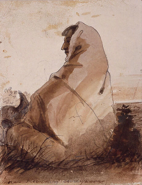 Indian Mourning over a Grave, Marked by a Buffalo Skull, c. 1837 (pencil, pen and ink and wash on paper)