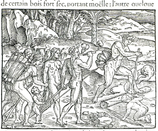 Indian Natives Making Fire After Hunting, engraved by Theodor de Bry (1525-75) (engraving)