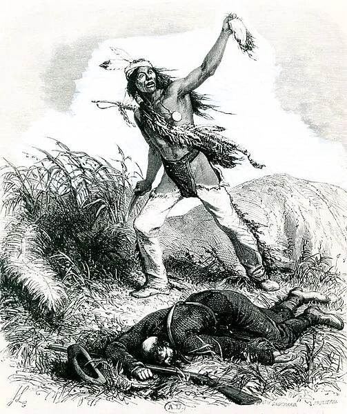 Indian Scalping the Dead Enemy, 1867 (engraving) (b  /  w photo)