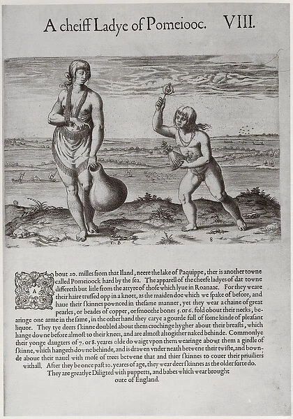 Indian Woman and Young Girl, engraved by Theodor de Bry (1528-1598) (engraving)