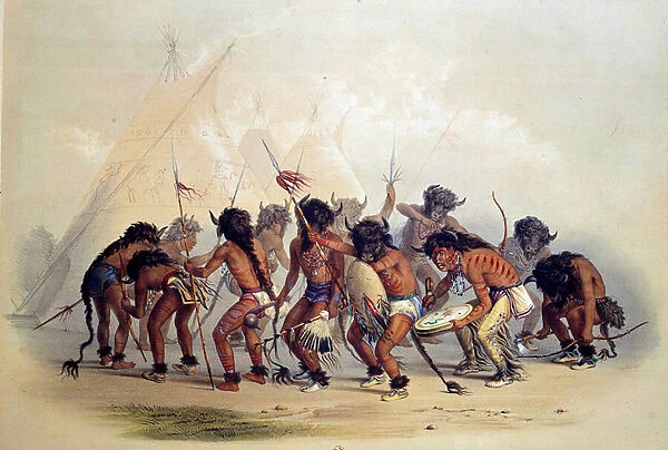 Indians of America doing the buffalo dance. Lithograph by George Catlin (1794-1872