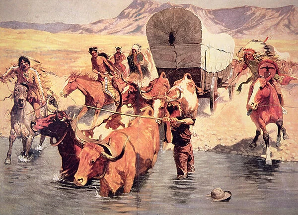 Indians attacking a pioneer wagon train (oil on canvas)
