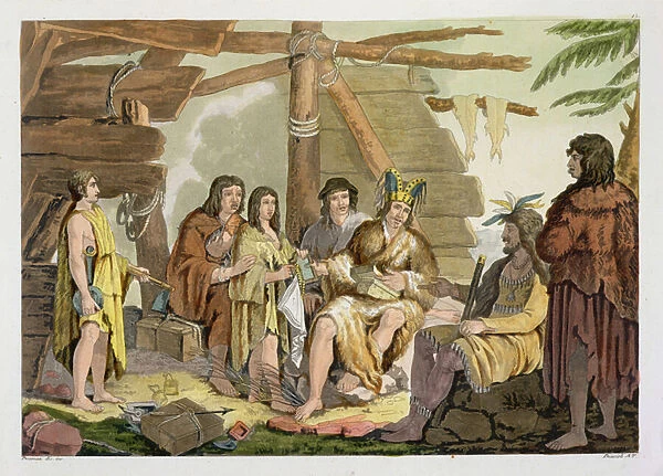 Indians trading with La Perouse in Canada (colour engraving)