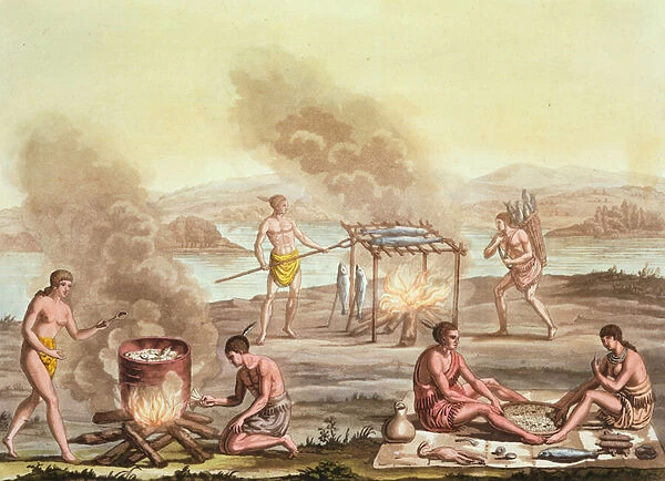Indigenous natives from Florida preparing and cooking food (engraving)